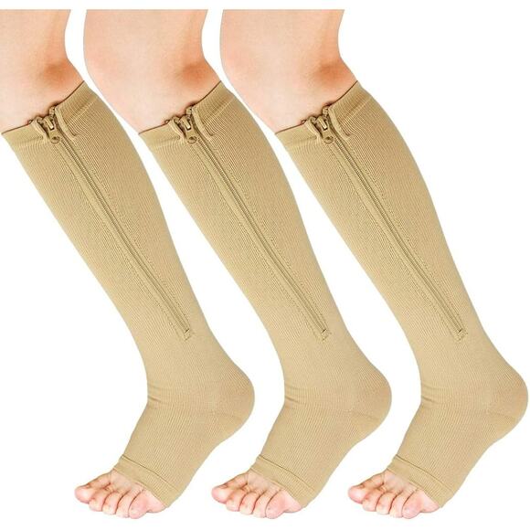 3 Pairs Zipper Compression Socks Women Open Toe Beige XXL - Picture 1 of 7